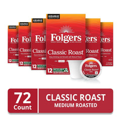 Folgers Classic Roast, Medium Roast Coffee, Keurig K-Cup Pods, 12 Count Boxes (Pack of 6)