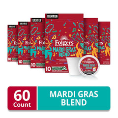 Folgers Mardi Gras Blend Medium-Dark Roast Coffee, Keurig K-Cup pods, 10 Count Box (Pack of 6)