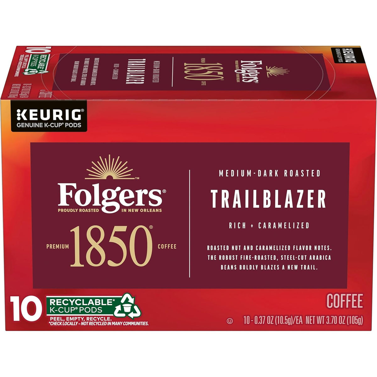 1850 by Folgers Trailblazer Medium Dark Roast Coffee, 10 Keurig K-Cup Pods