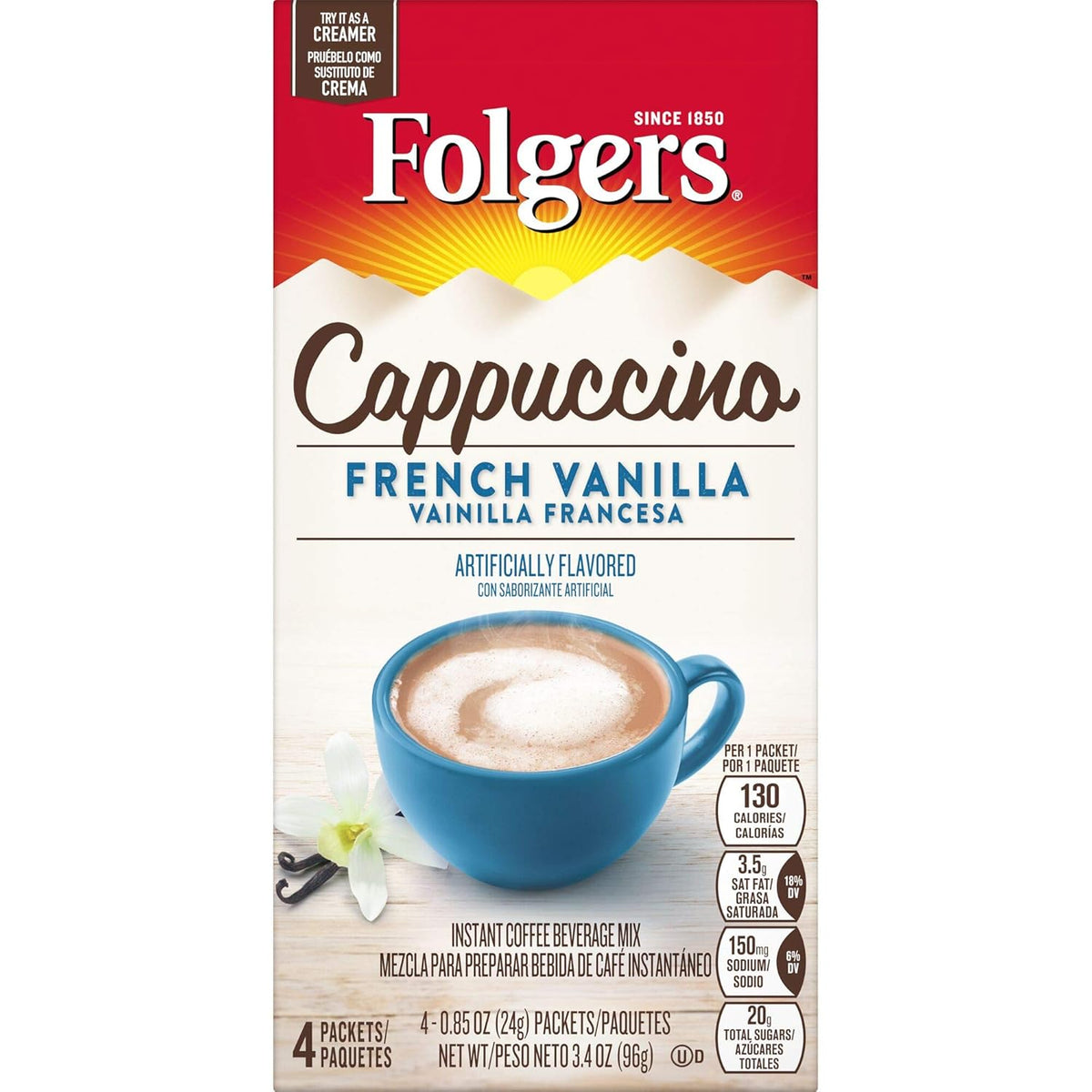 Folgers Cappuccino French Vanilla Instant Coffee Beverage Mix, 32 Single Serve Packets