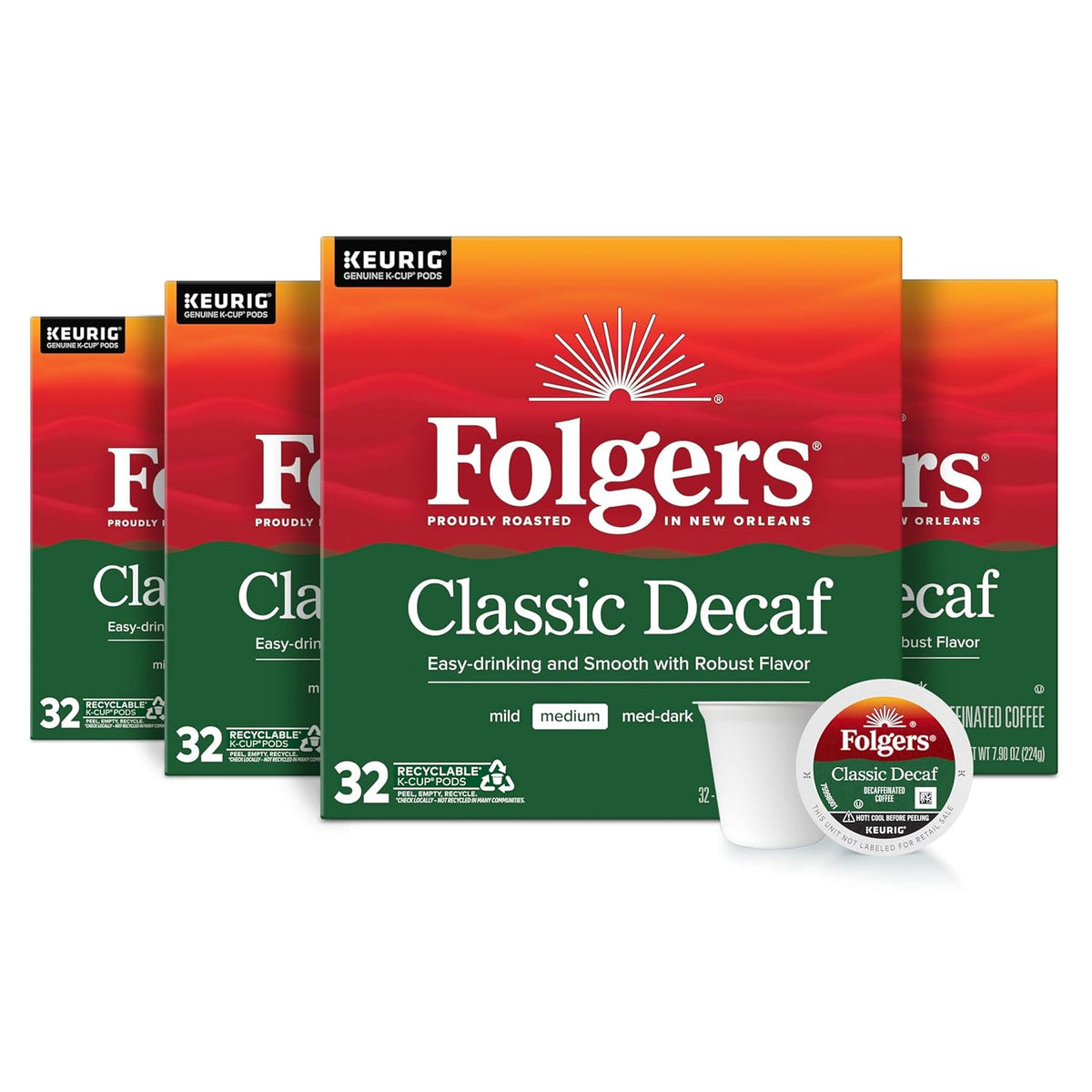 Folgers Classic Decaf Coffee, Keurig K-Cup Pods, 128 Count