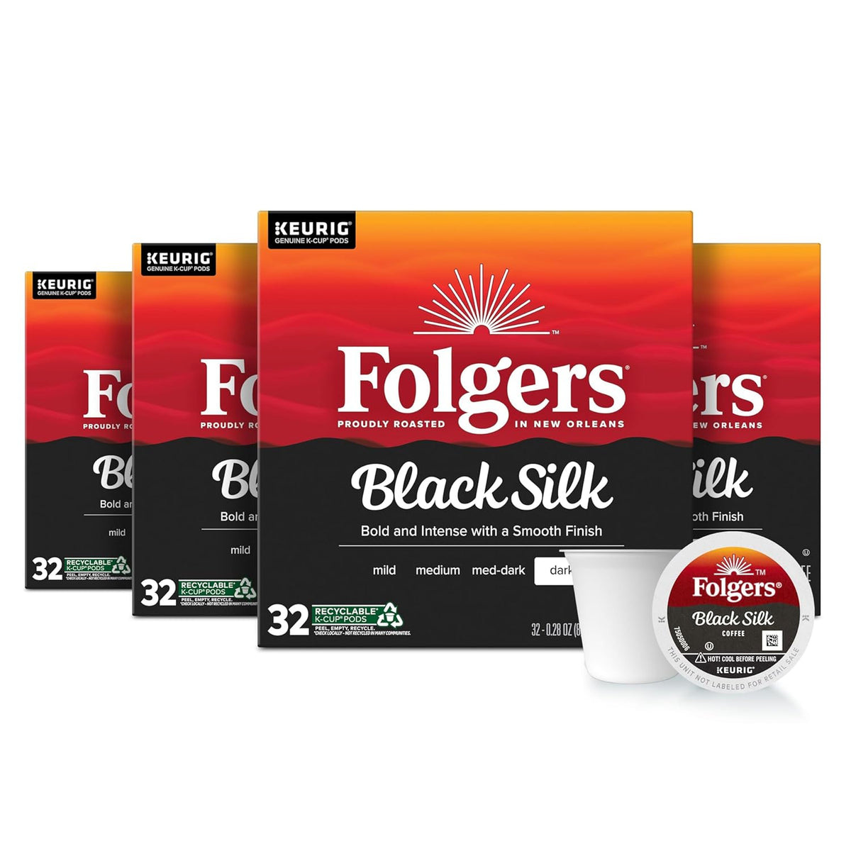 Folgers Black Silk, Dark Roast Coffee, Keurig K-Cup Pods, 32 Count Boxes (Pack of 4)