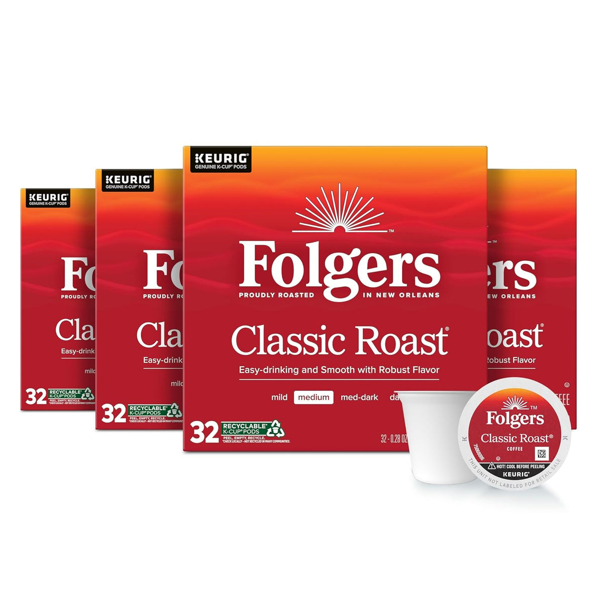 Folgers Classic Roast, Medium Roast Coffee, Keurig K-Cup Pods, 32 Count Boxes (Pack of 4)