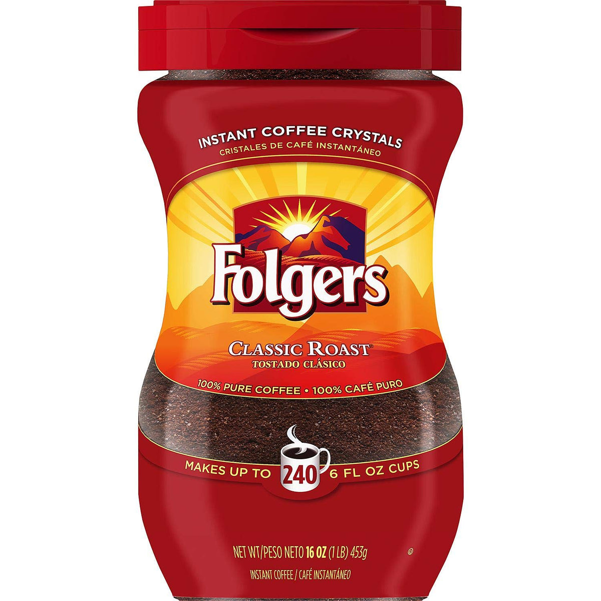 Folgers Instant Coffee Crystals, Classic Roast, 16 ounce