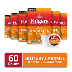 Folgers Buttery Caramel Artificially Flavored Coffee, Keurig K-Cup Pods, 10 Count Box (Pack of 6)