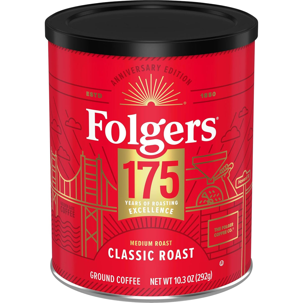 Folgers Classic Medium Roast Ground Coffee, 10.3 Oz 175th Anniversary Limited Edition Metal Can