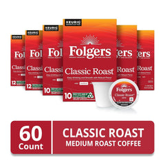Folgers Classic Roast Coffee, Medium Roast, Keurig K-Cup Pods, 10 Count Box (Pack of 6)