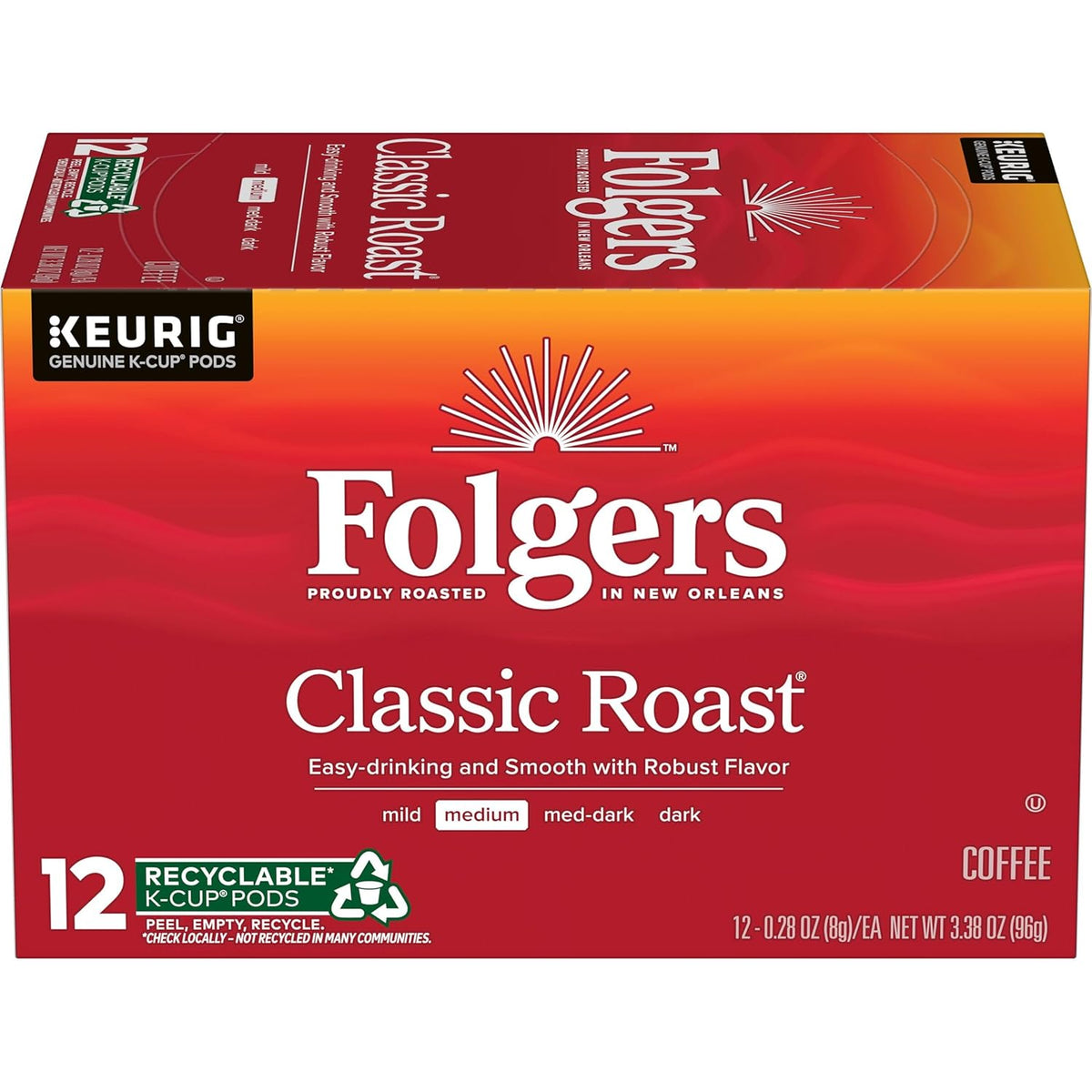 Folgers Classic Roast Medium Roast Coffee, 12 Keurig K-Cup Pods (Pack of 1, 12 Count Total)