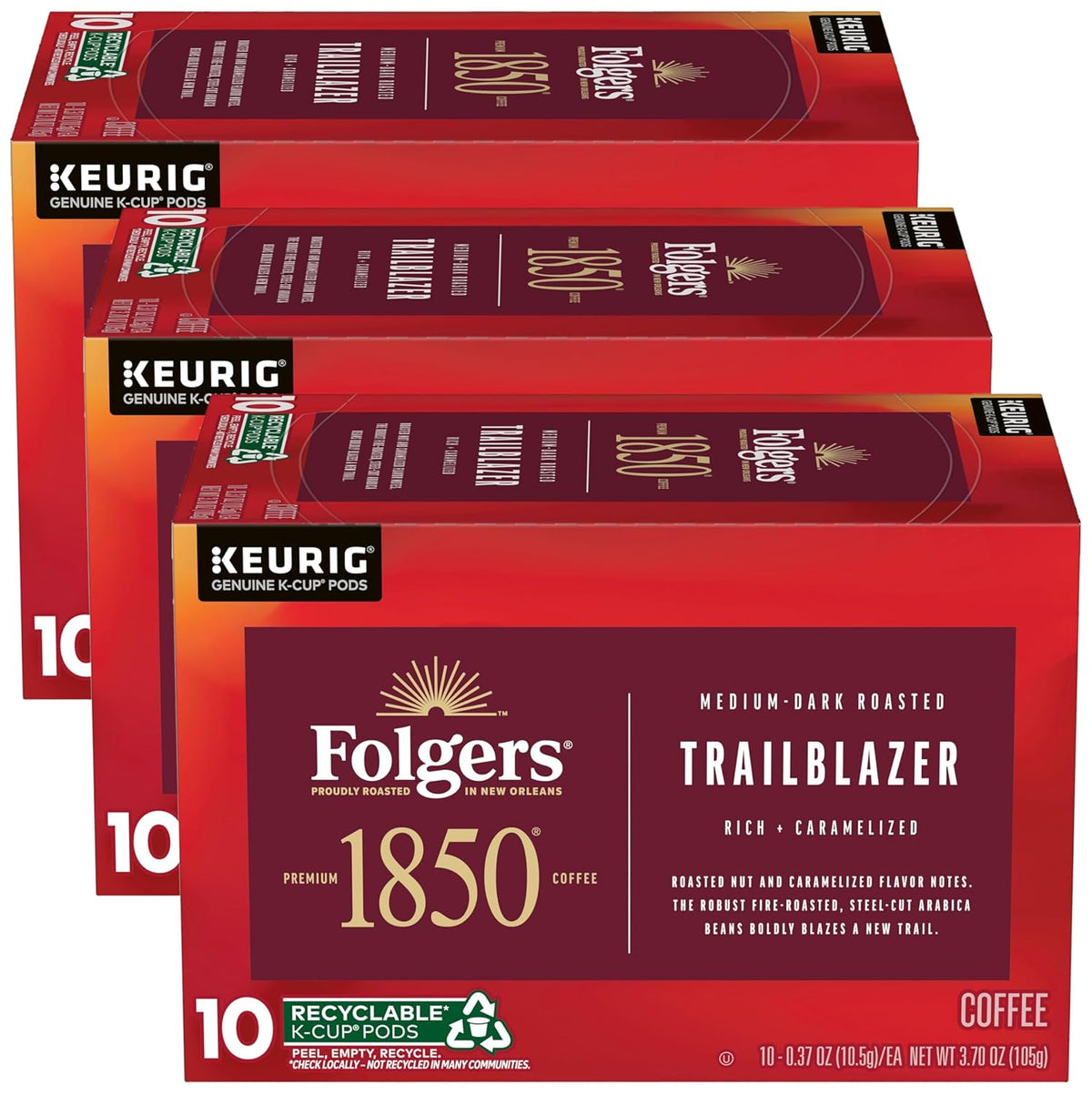 1850 by Folgers Trailblazer Medium Dark Roast Coffee, 10 Keurig K-Cup Pods (Pack of 3)