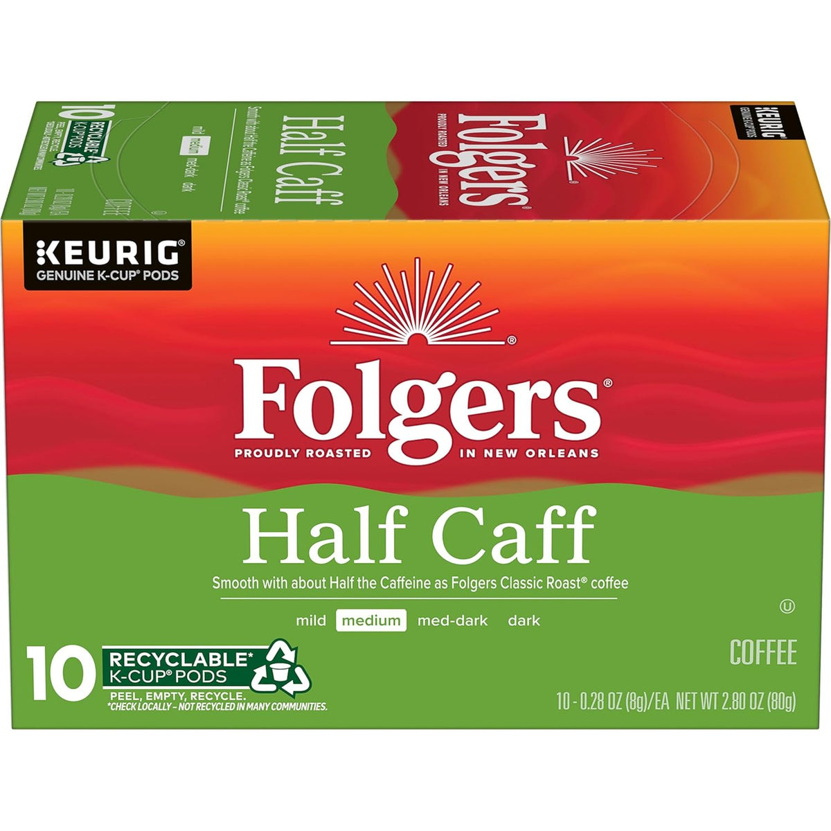 Folgers Half Caff Coffee, Medium Roast, Keurig K-Cup Pods, 10 Count