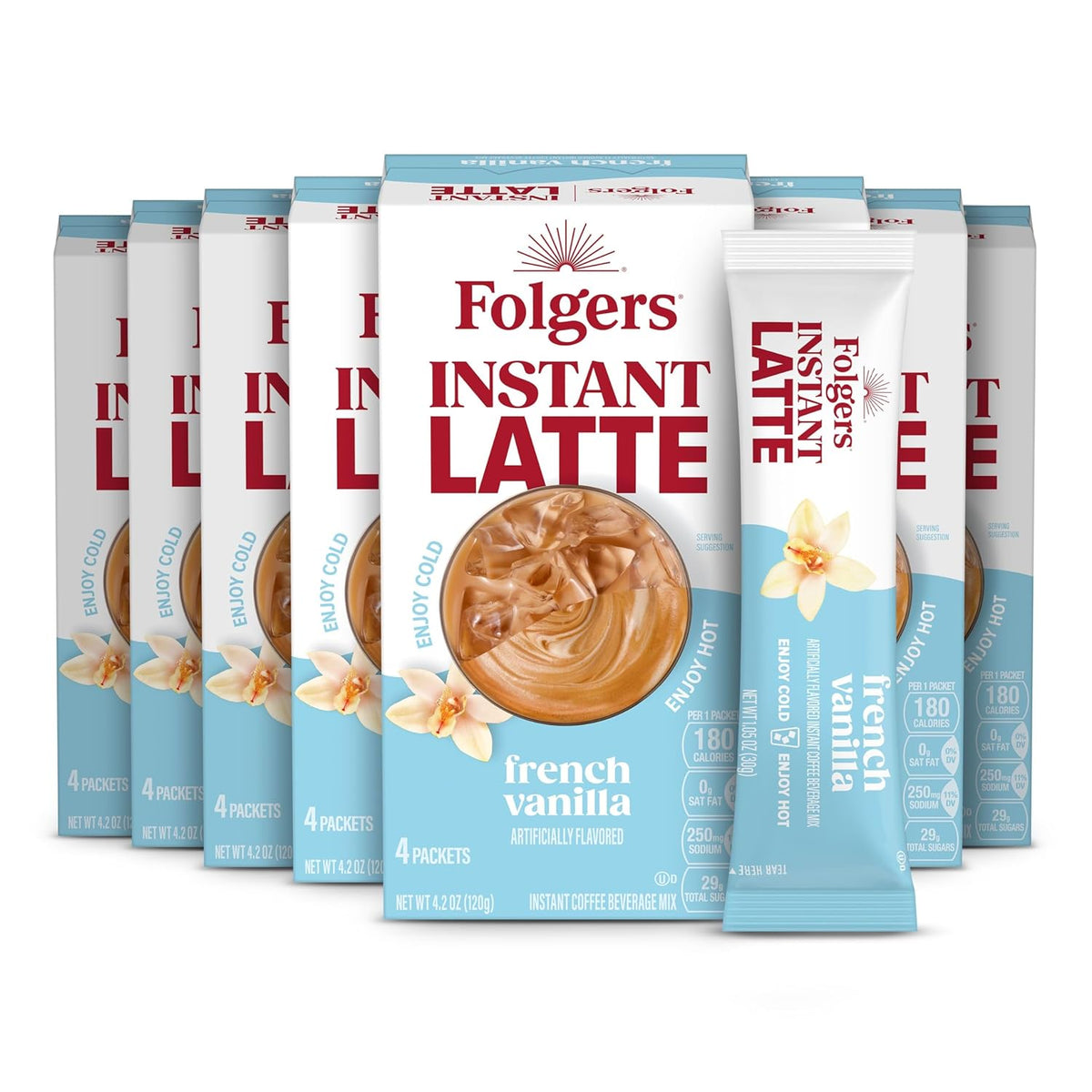 Folgers French Vanilla Flavored Instant Latte, 4 Single Serve Packets (Pack of 8)