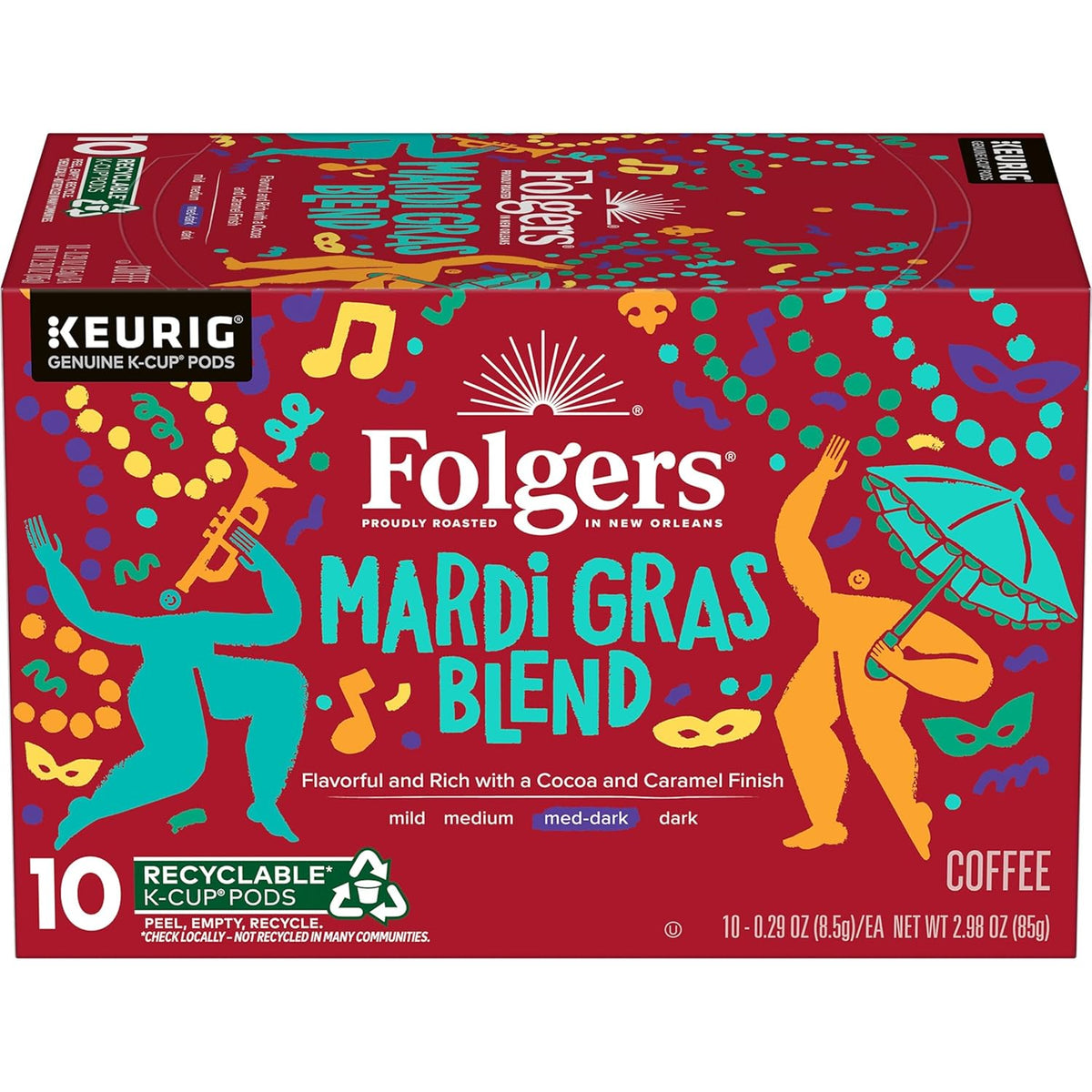 Folgers Mardi Gras Blend Medium-Dark Roast Coffee, Keurig K-Cup pods, 10 Count Box