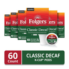 Folgers Classic Decaf Coffee Keurig K-Cup pods, Medium Roast, 10 Count Box (Pack of 6)