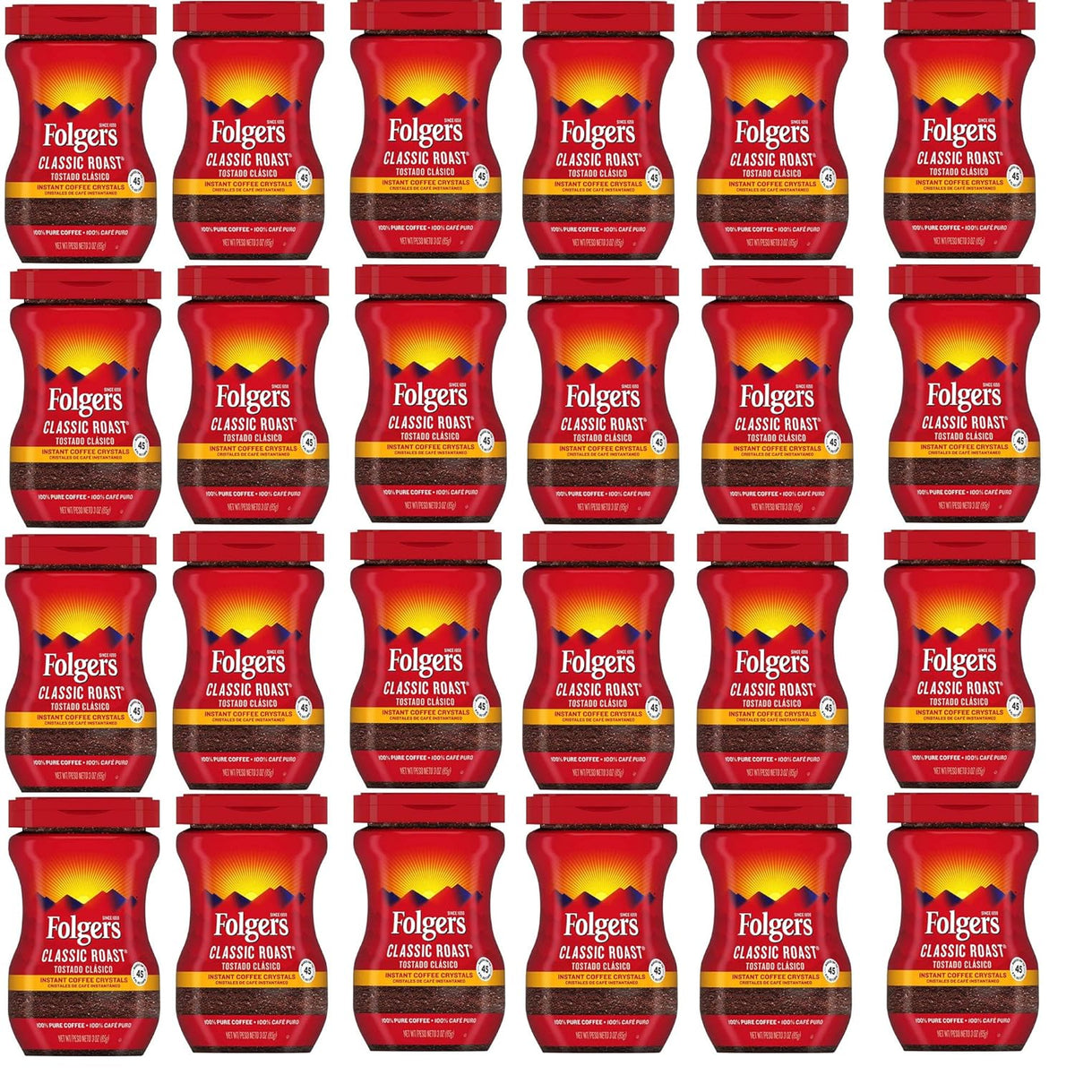 Folgers 20083 Classic Roast Instant Coffee Crystals, 3 Ounces, 100% Pure Coffee, Medium Roast, Easy-open Flip Top Lid, Portable Plastic Jar, Pack of 24